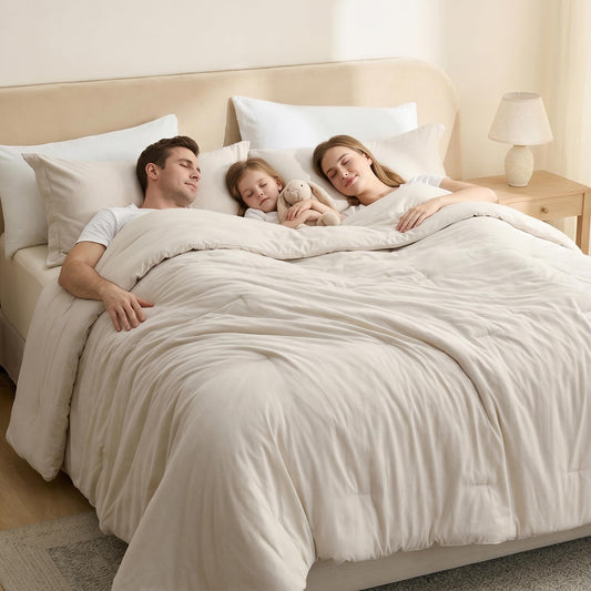 Bedsure emballage frontal beige montrant l'ensemble 3 pièces et l'avantage valeur