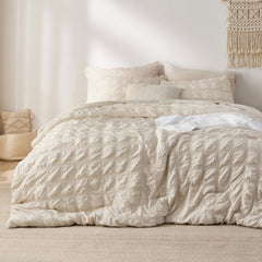 Bedsure vue frontale de la parure complète beige montrant l'ensemble élégant et pratique