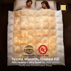 Bedsure vue du garnissage montrant duvet et plumes pour chaleur légère