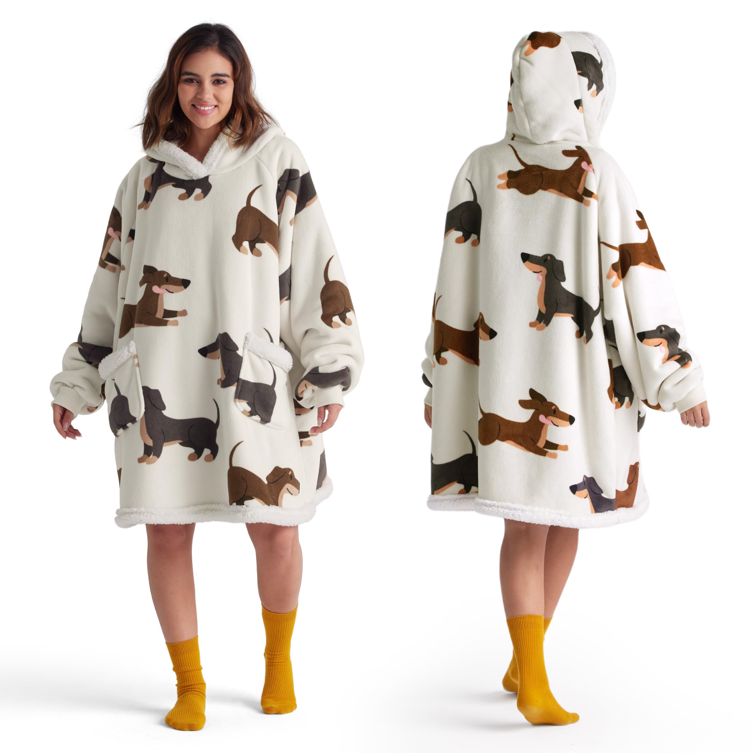 Bedsure hoodie face avant montrant motif dachshund et confort instantané