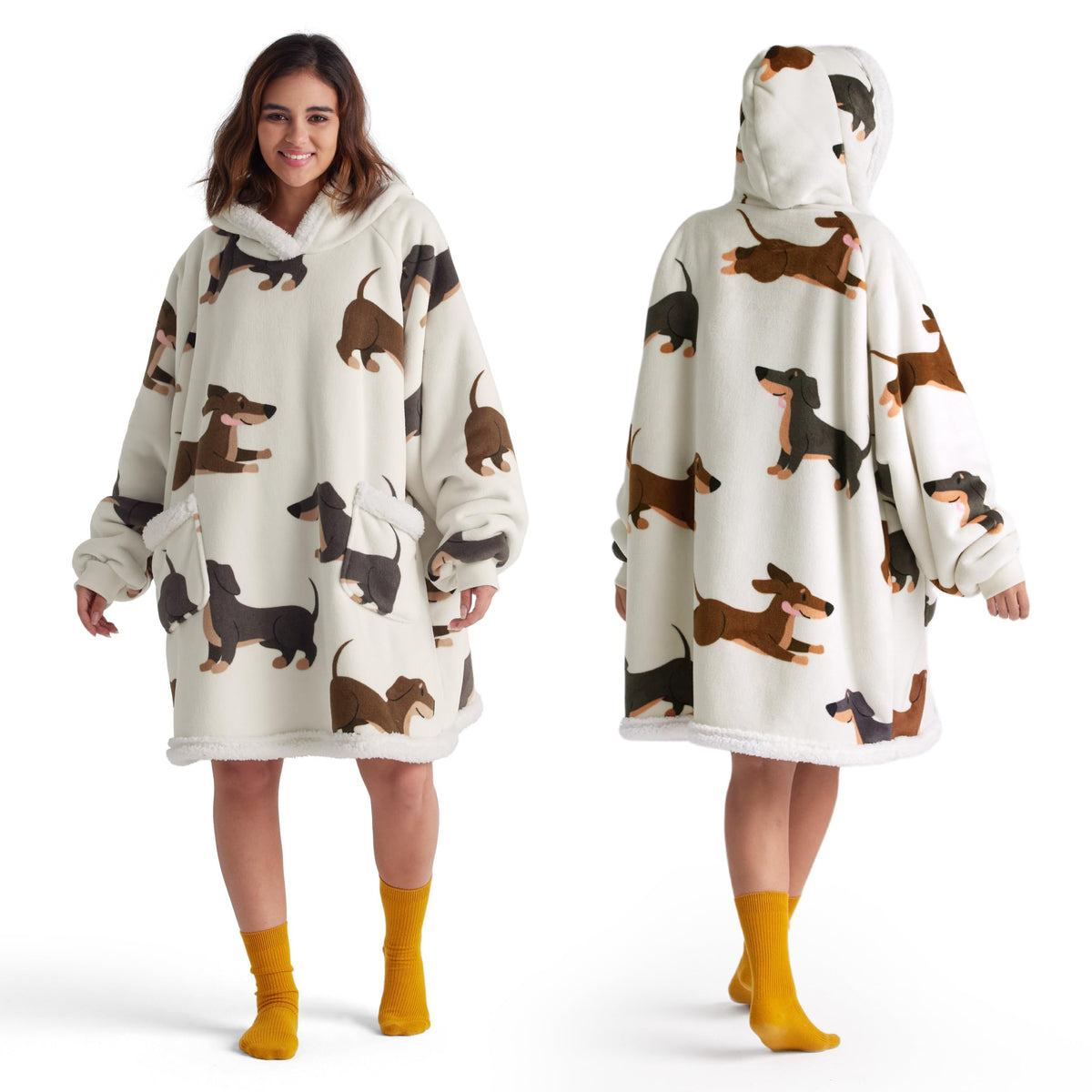 Bedsure hoodie face avant montrant motif dachshund et confort instantané
