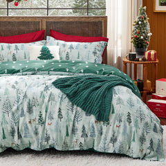 Bedsure housse de couette face avant affichant motif Green Forest et ambiance de Noël