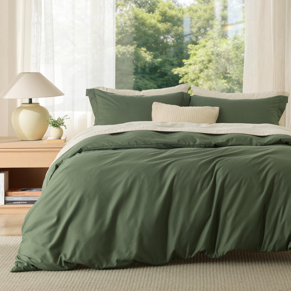 Bedsure housse de couette olive vue avant, belle finition et couleur apaisante
