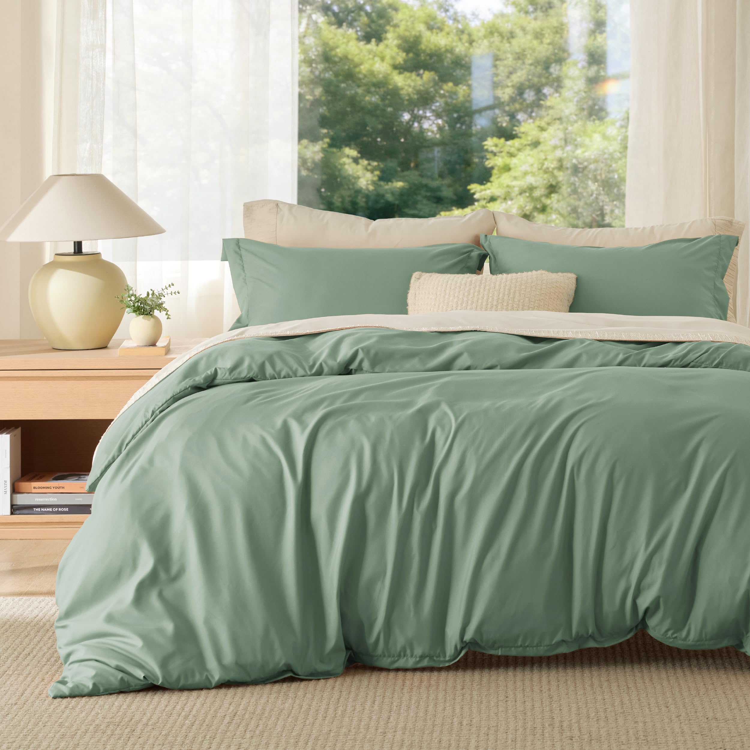 Bedsure housse de couette sage green frontale montrant le design et l’ajustement