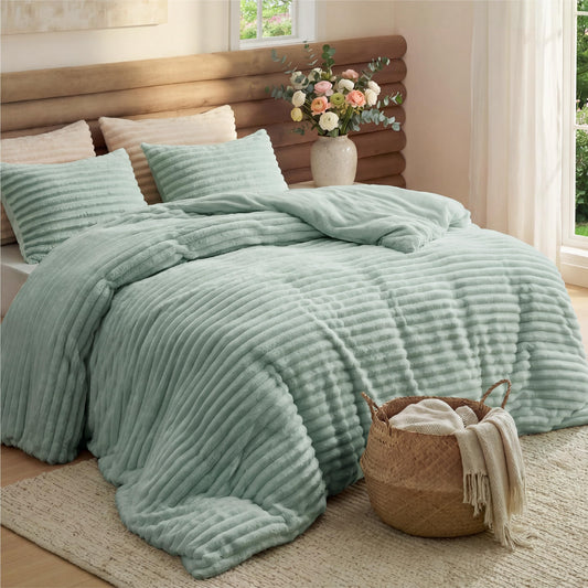 Bedsure vue avant de la parure montrant emballage pratique et couleur sauge