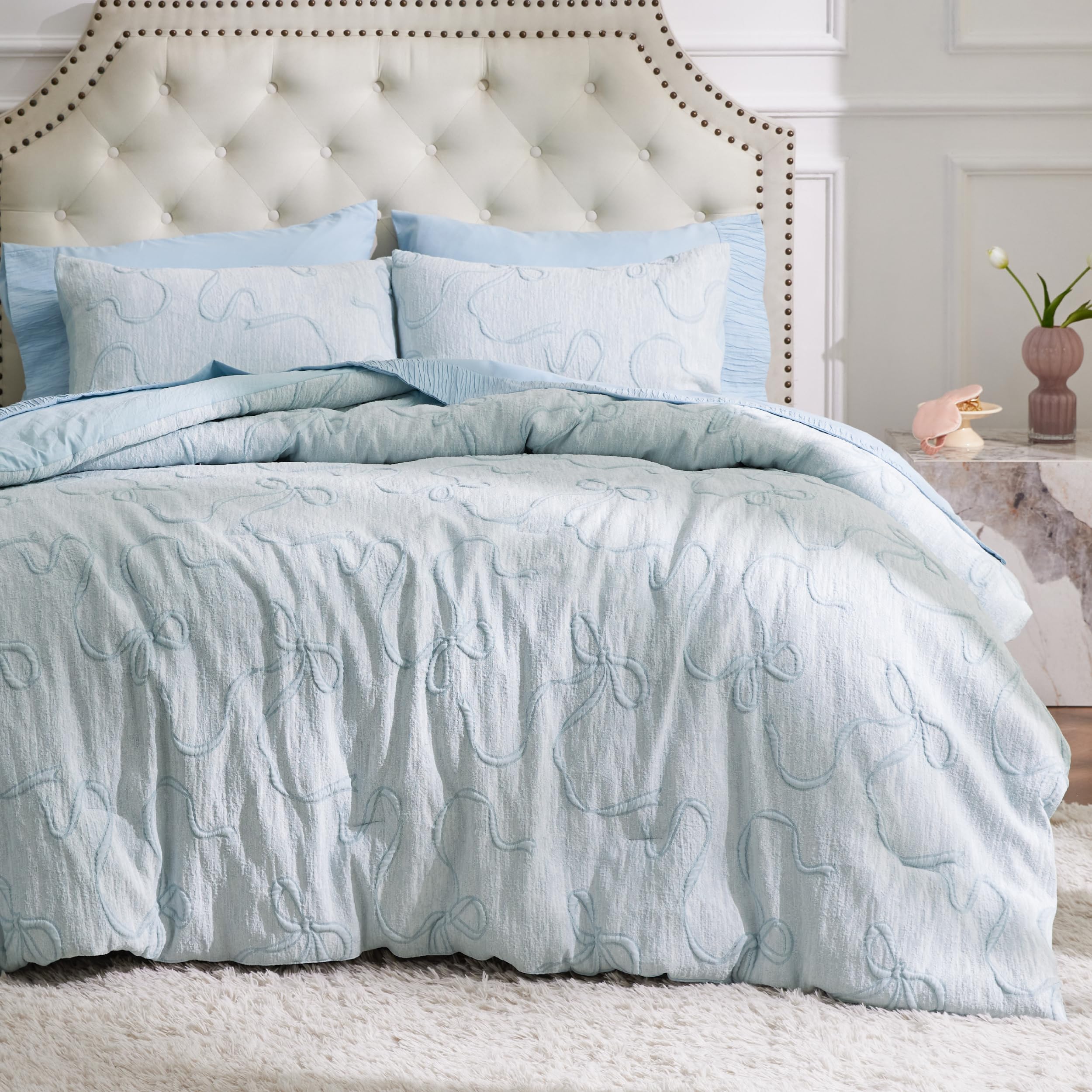 Bedsure vue frontale de la parure dusty blue, esthétique et élégante