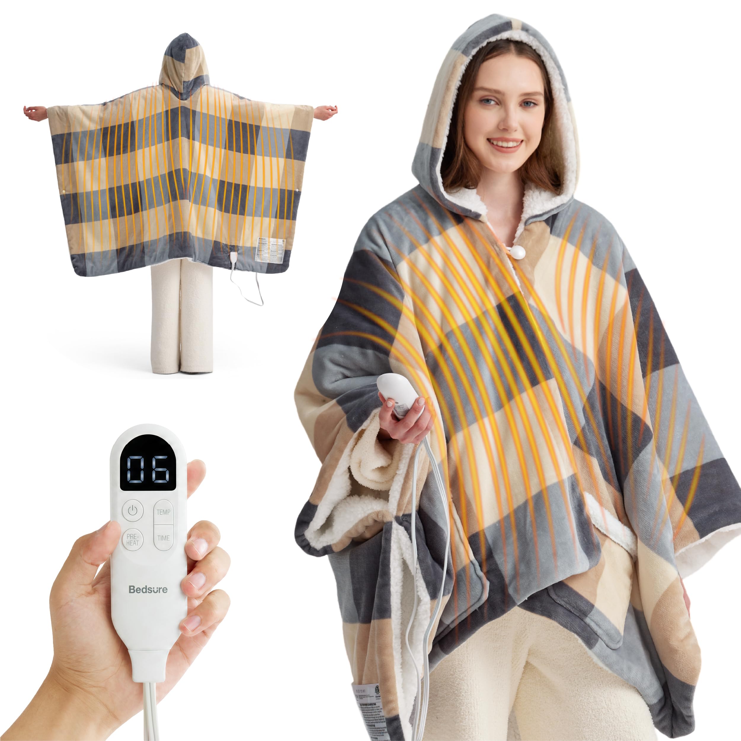 Bedsure vue avant du plaid à capuche montrant chaleur pratique