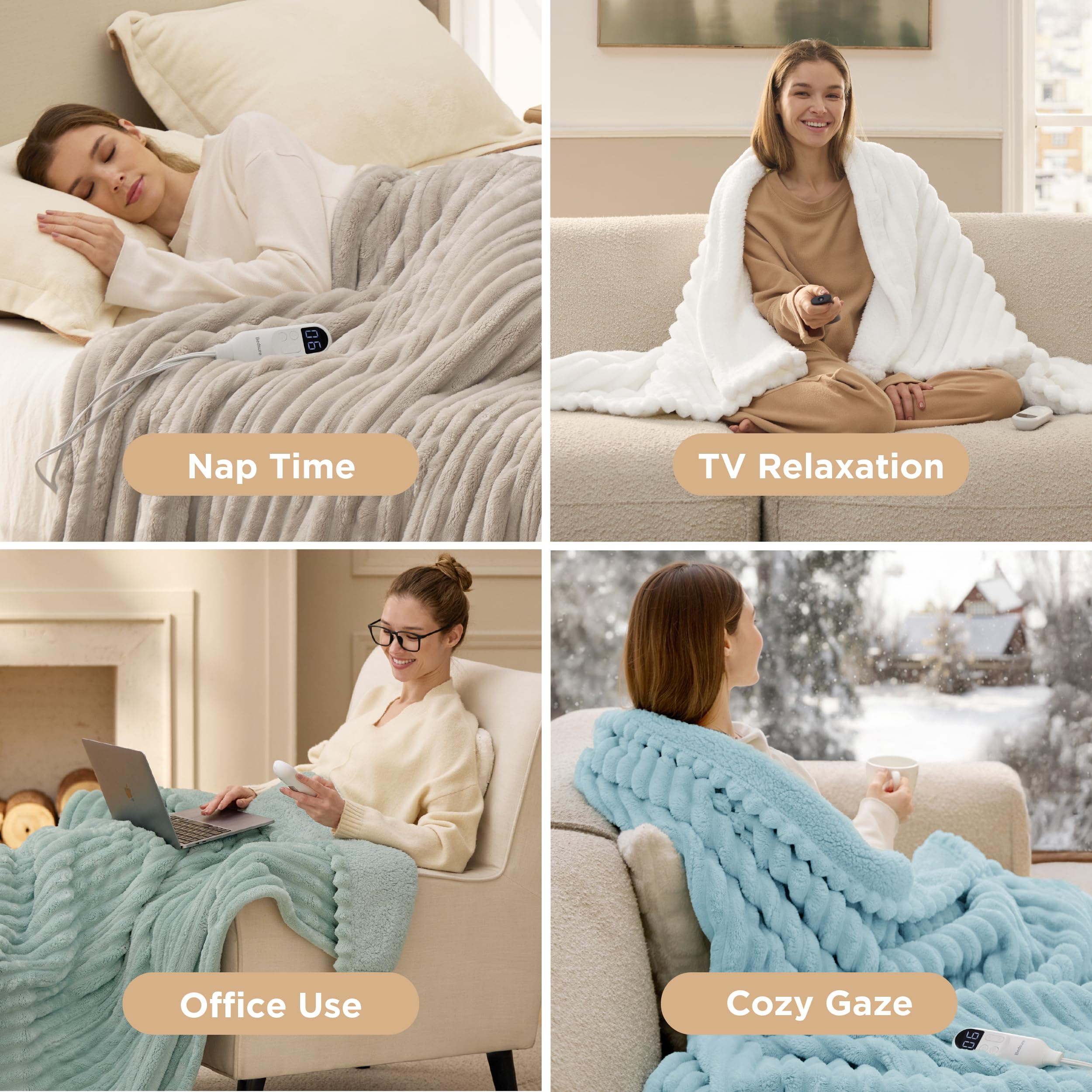 Bedsure couverture chauffante utilisée au bureau démontrant praticité et chaleur ciblée