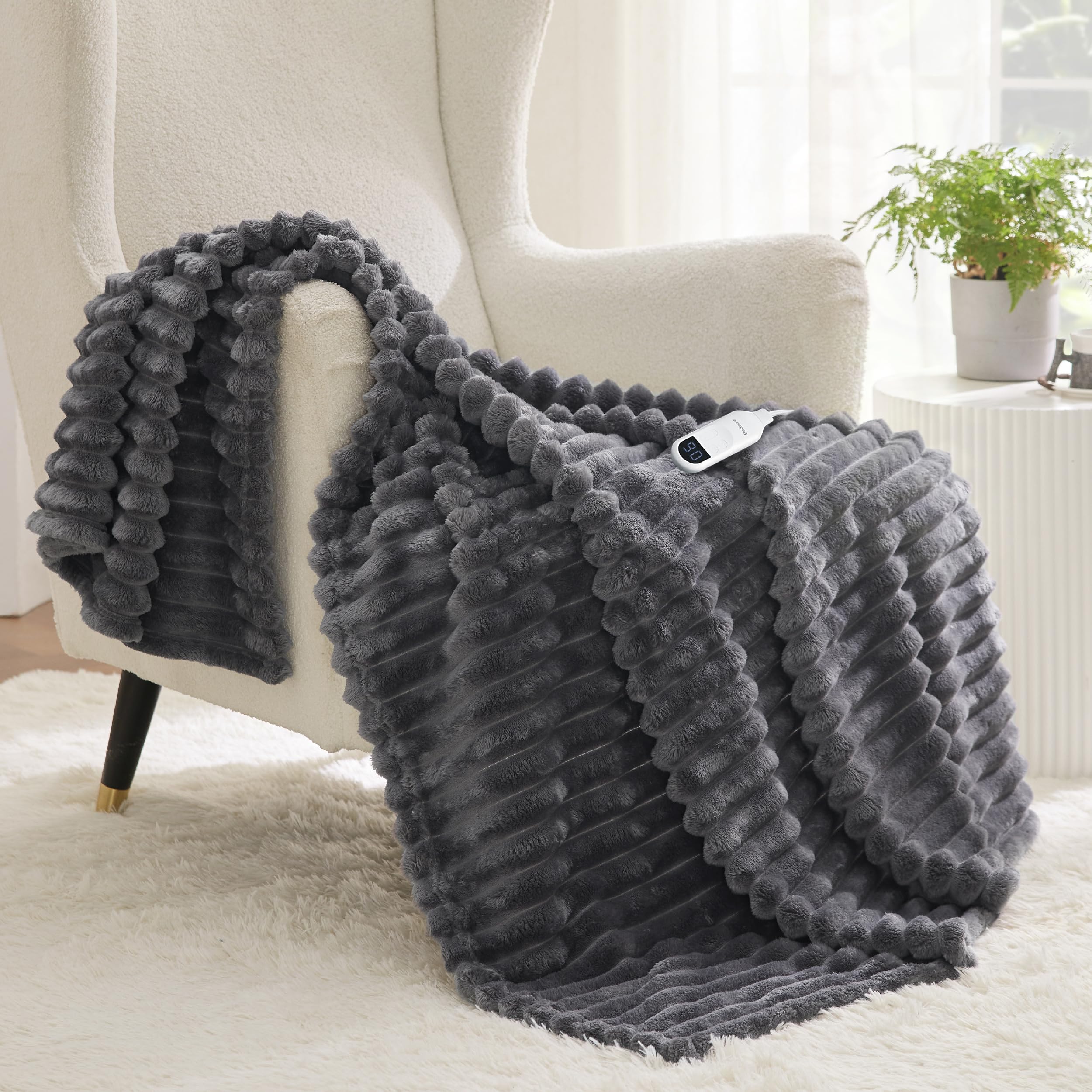Bedsure plaid chauffant face avant gris montrant élégance et chaleur