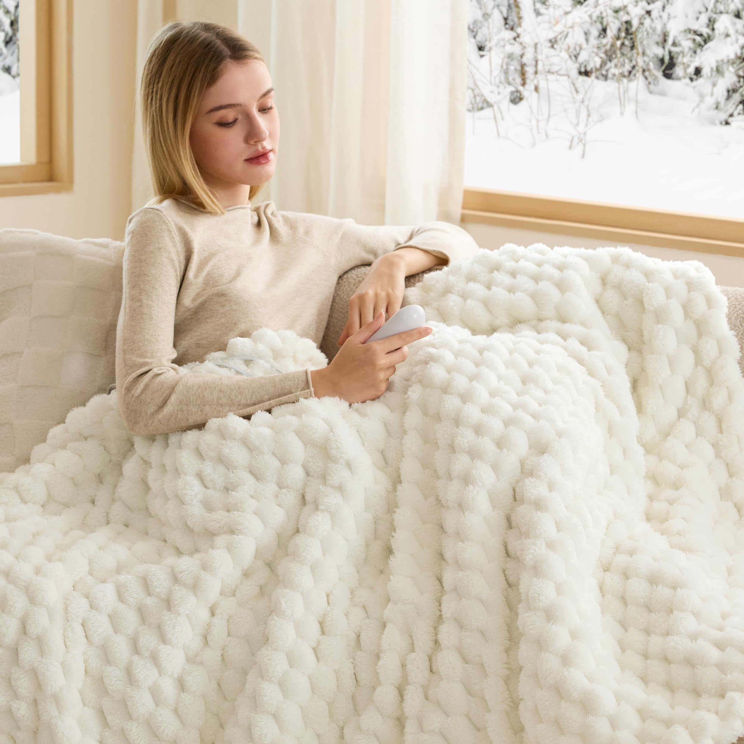 Bedsure plaid chauffant vue avant montrant design bubble et confort