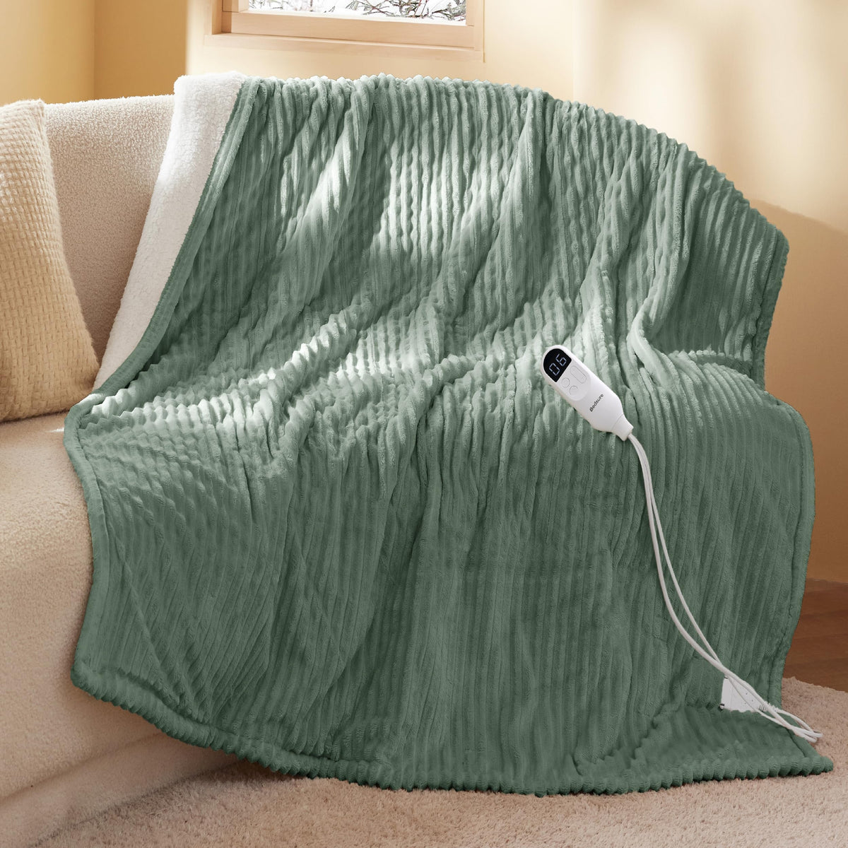 Bedsure emballage du plaid chauffant vert montrant contenu et design pratique