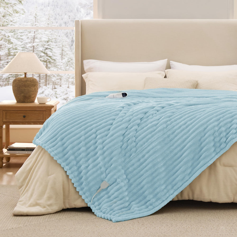 Bedsure vue avant du plaid électrique bleu clair présentant design et finition