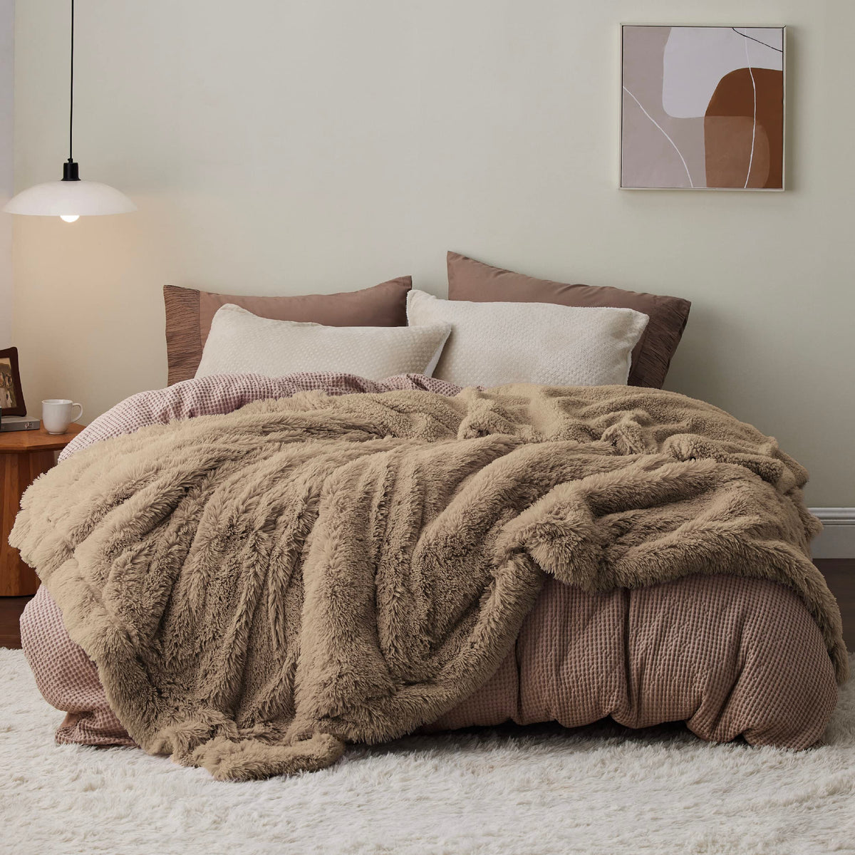 Bedsure vue avant du plaid marron prêt à poser, apporte chaleur décorative