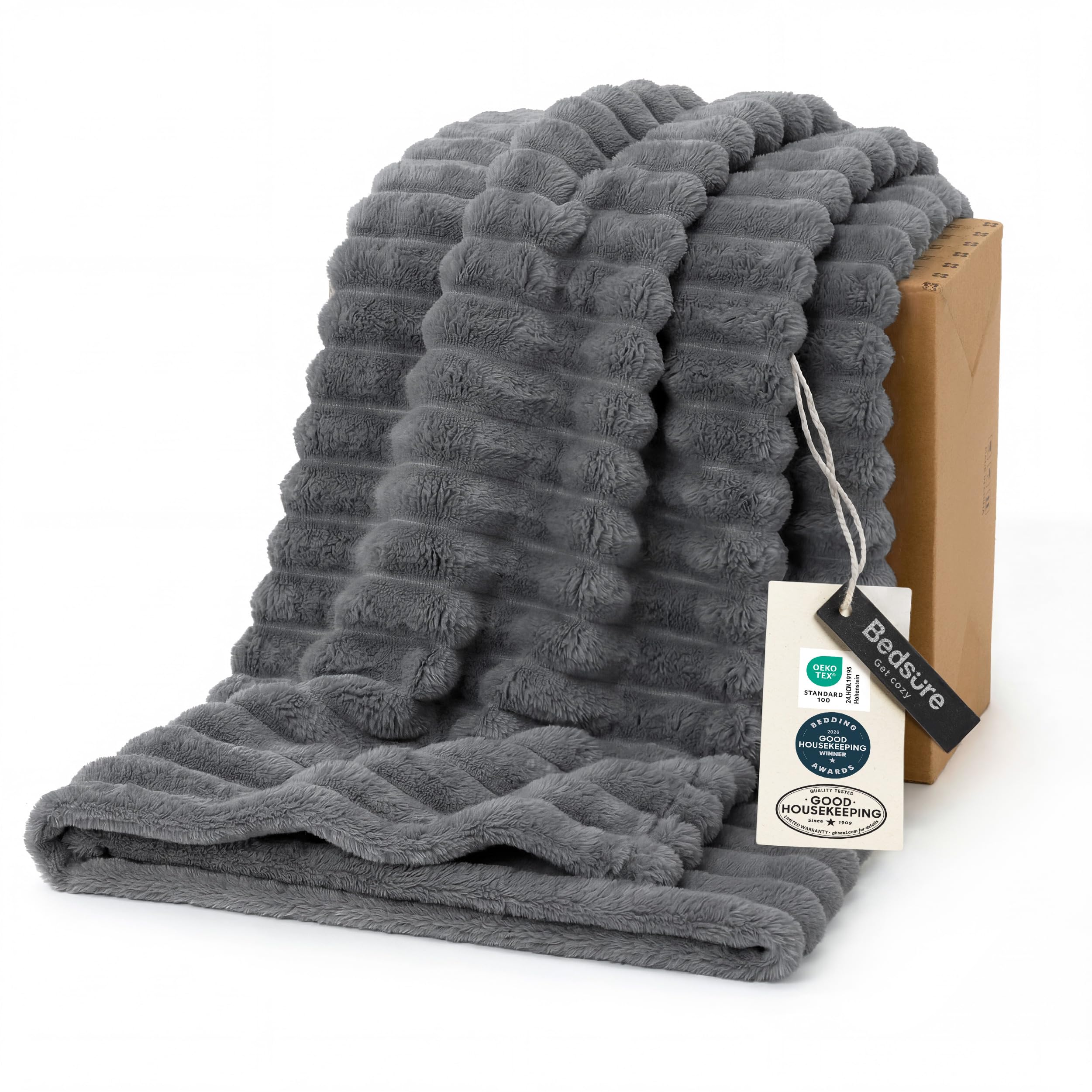 Bedsure plaid Frost Gray face avant montrant motif rayé et confort