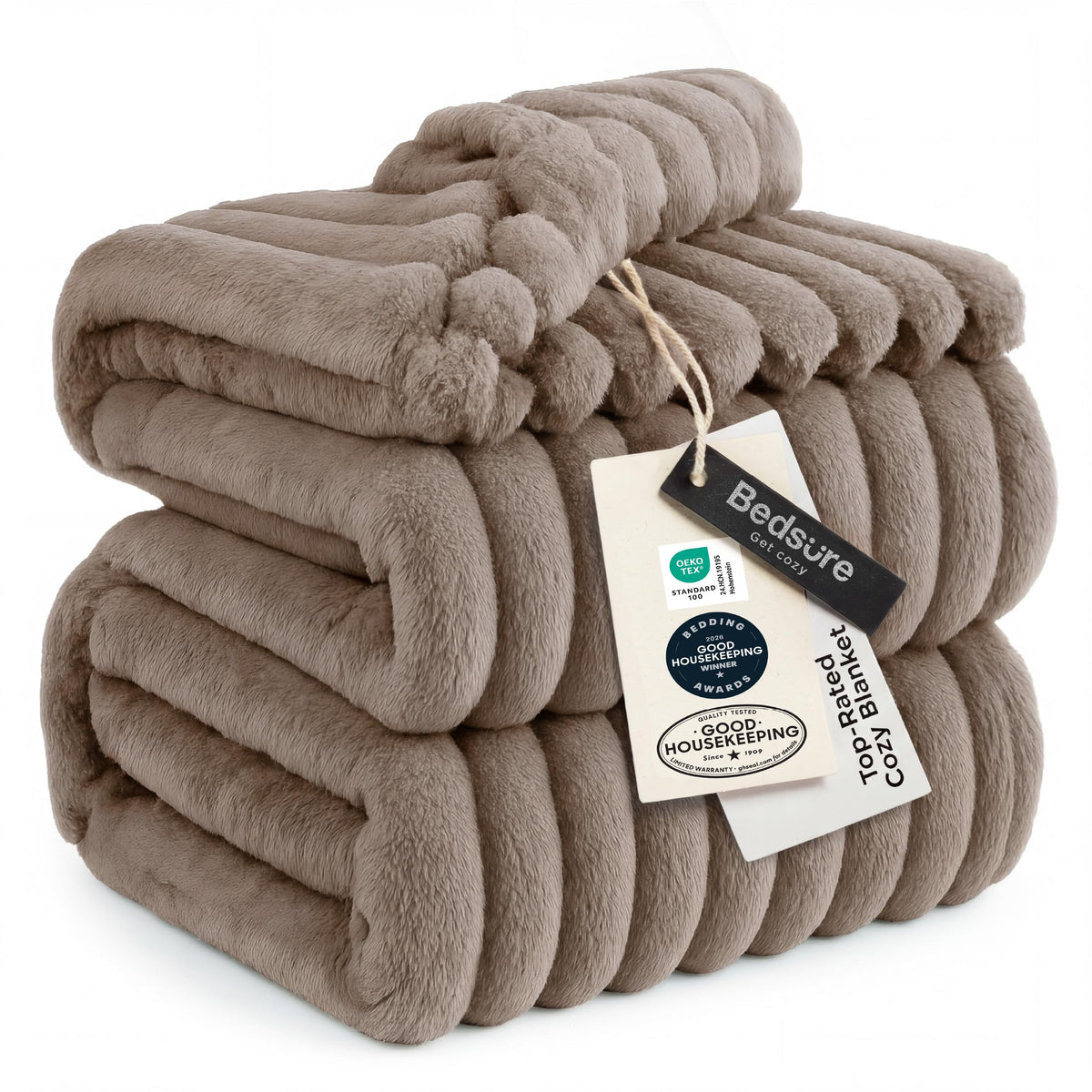 Bedsure vue avant du plaid marron clair montrant confort et élégance