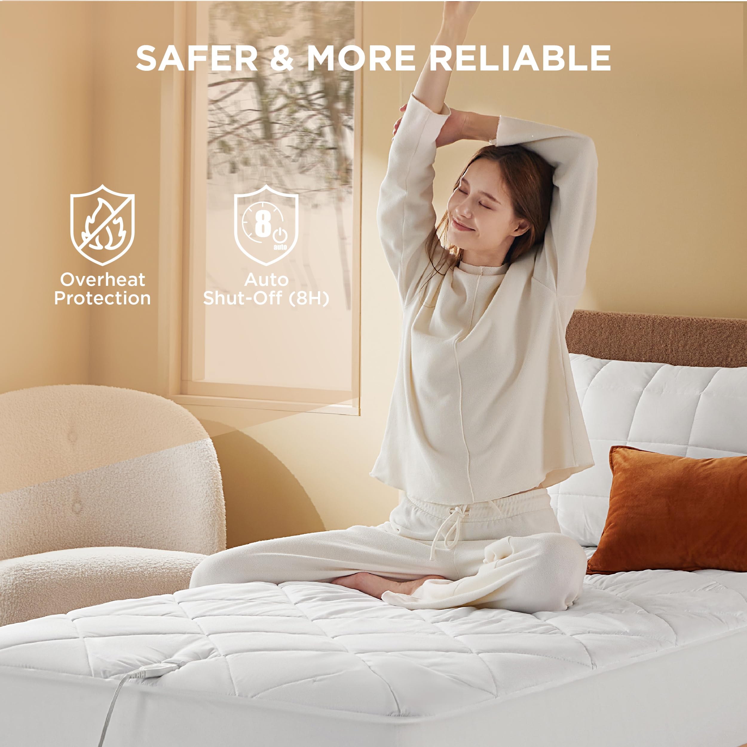 Bedsure jupe élastique montrée autour d’un matelas profond garantissant maintien sûr
