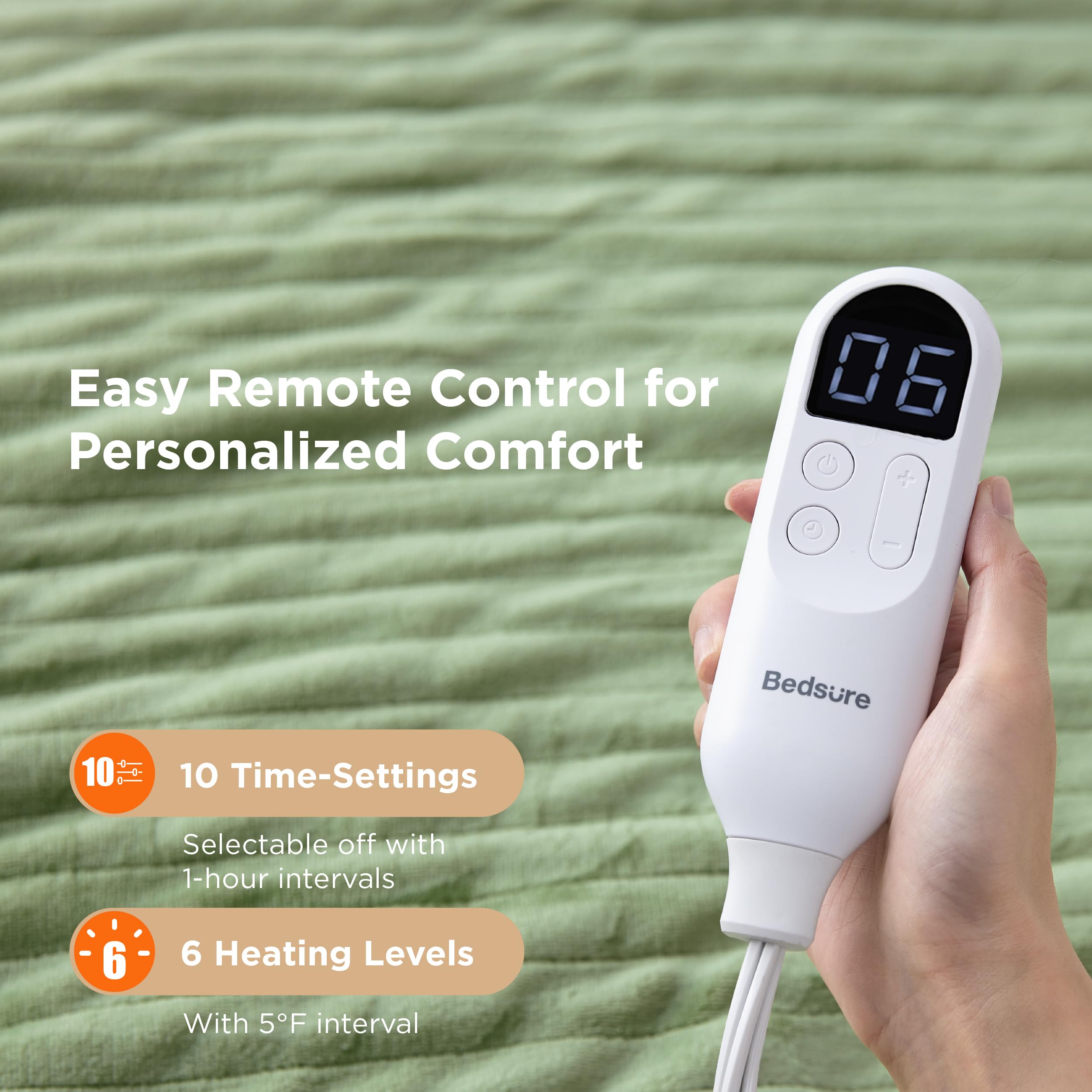 Bedsure télécommande affichant 6 niveaux de chaleur et 10 minuteries pratiques