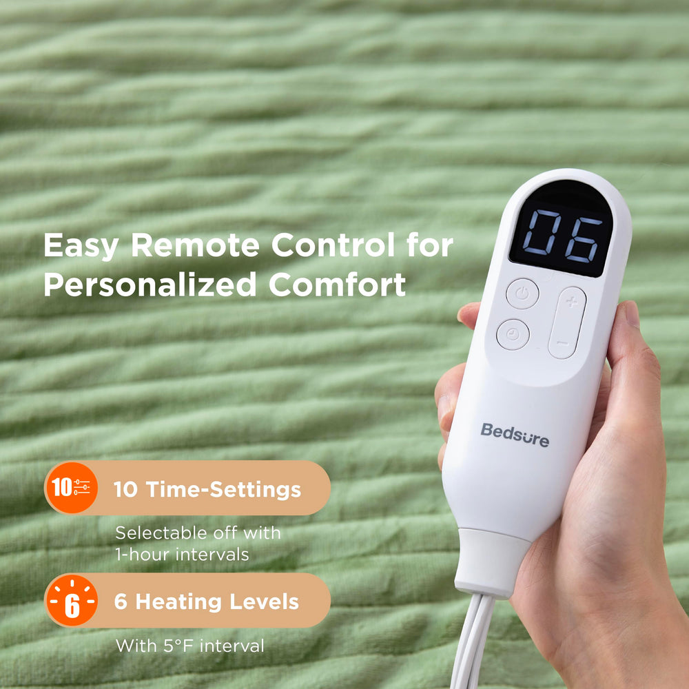Bedsure télécommande affichant 6 niveaux de chaleur et 10 minuteries pratiques