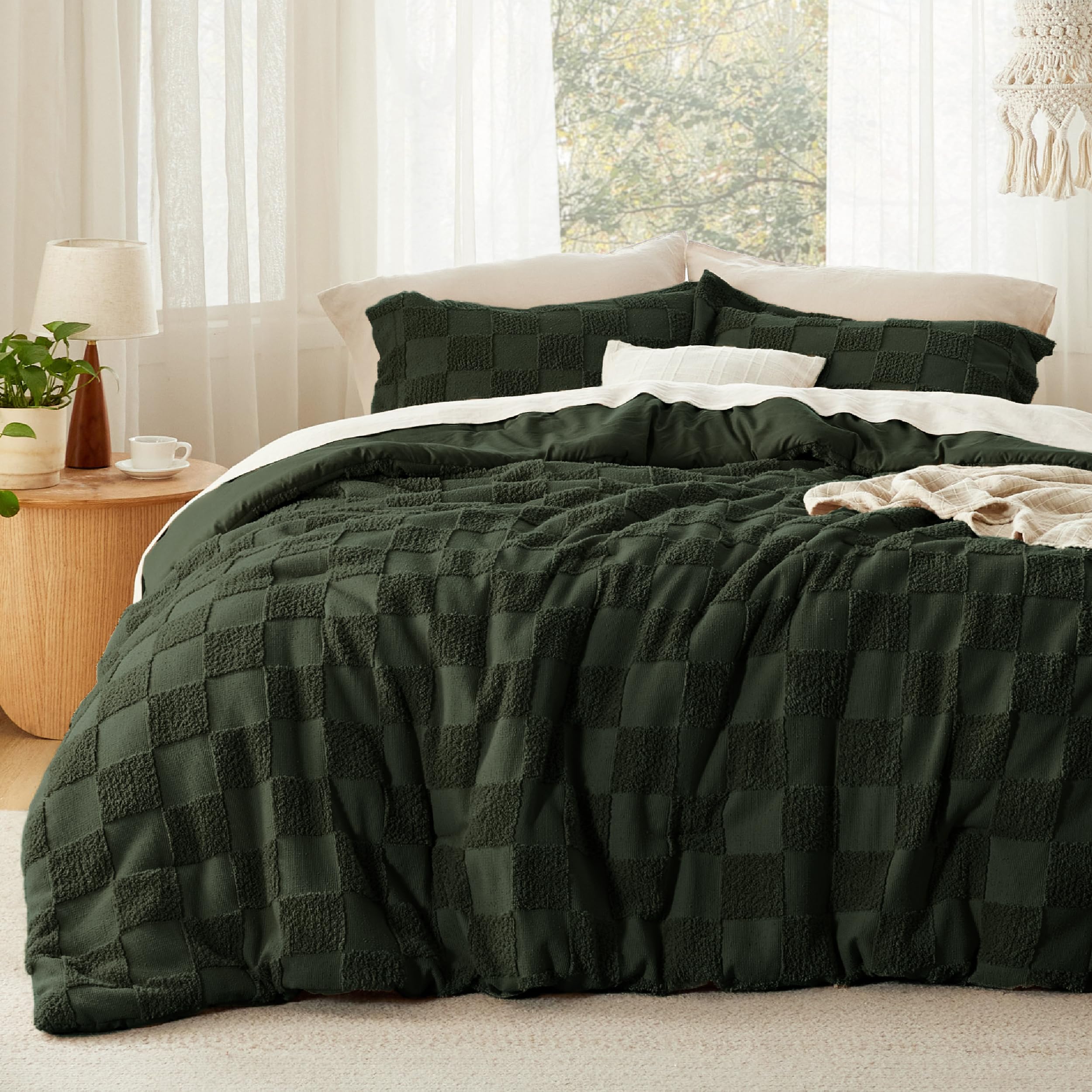 Bedsure vue frontale de la couette vert olive foncé montrant style boho