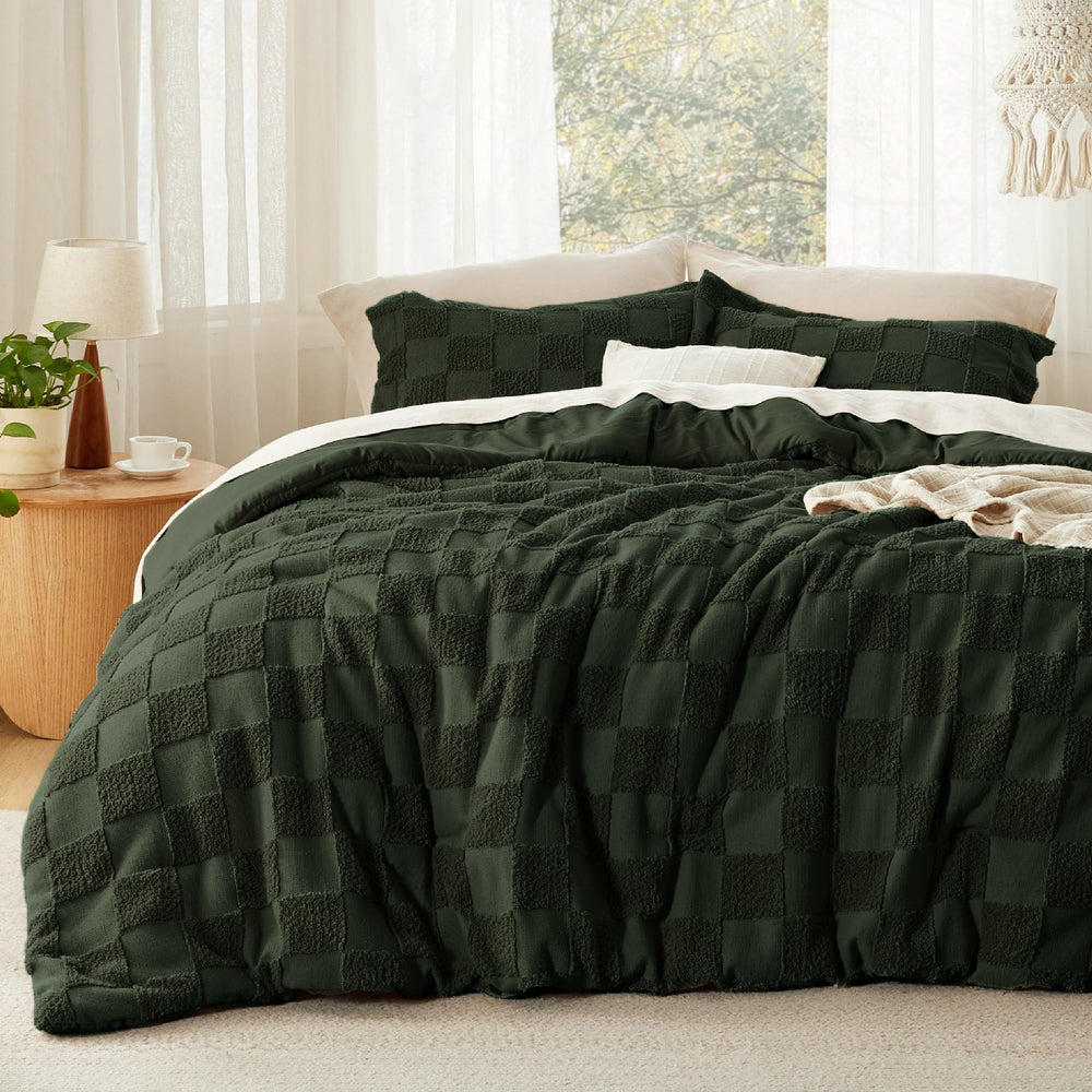 Bedsure vue frontale de la couette vert olive foncé montrant style boho