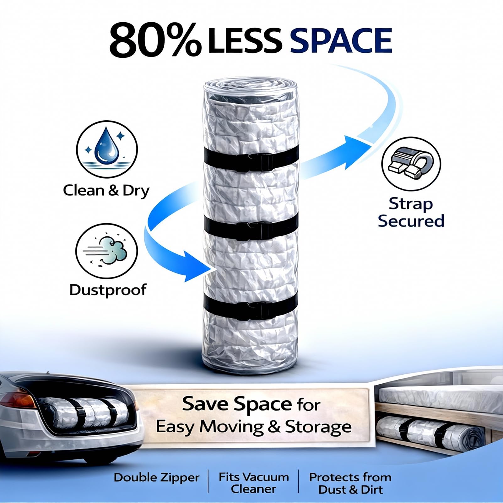 BeeCoAoo sac compressé glissé dans un coffre montrant économie d'espace