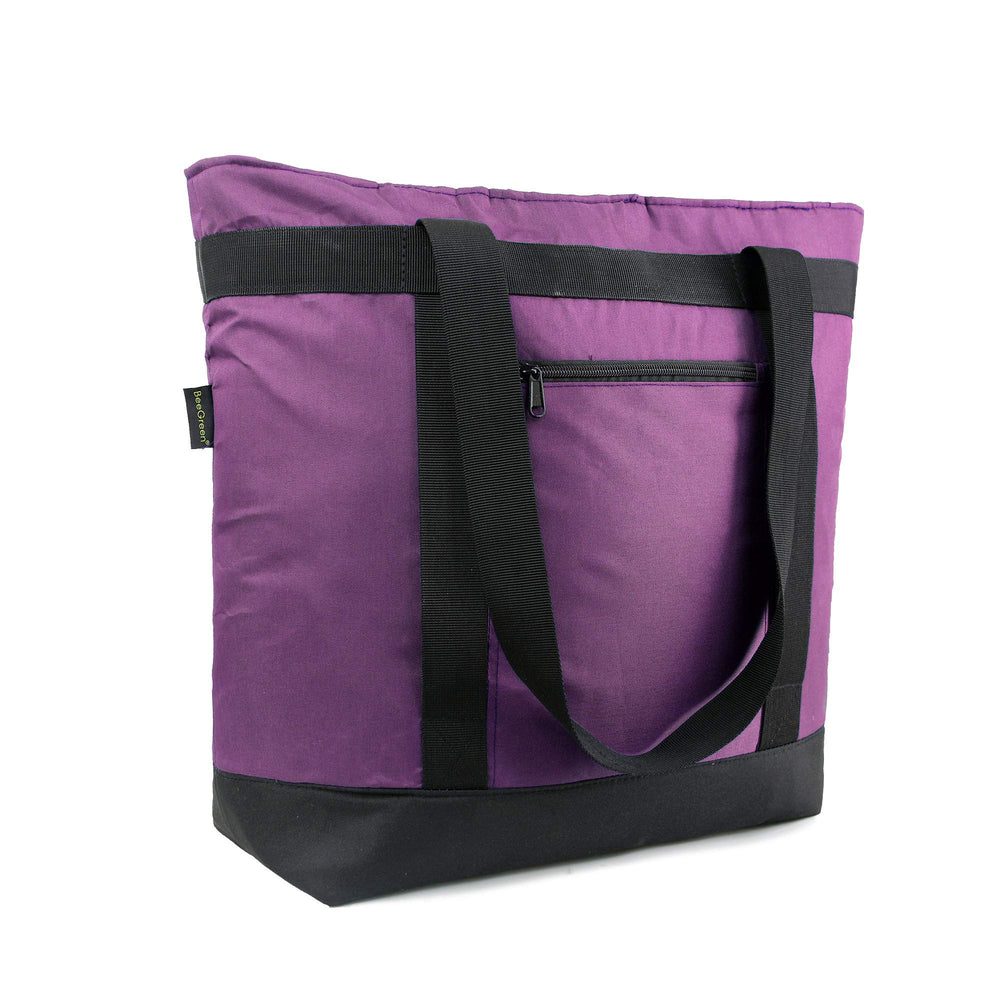 BeeGreen sac face avant violette montrant grande capacité et fermeture zippée
