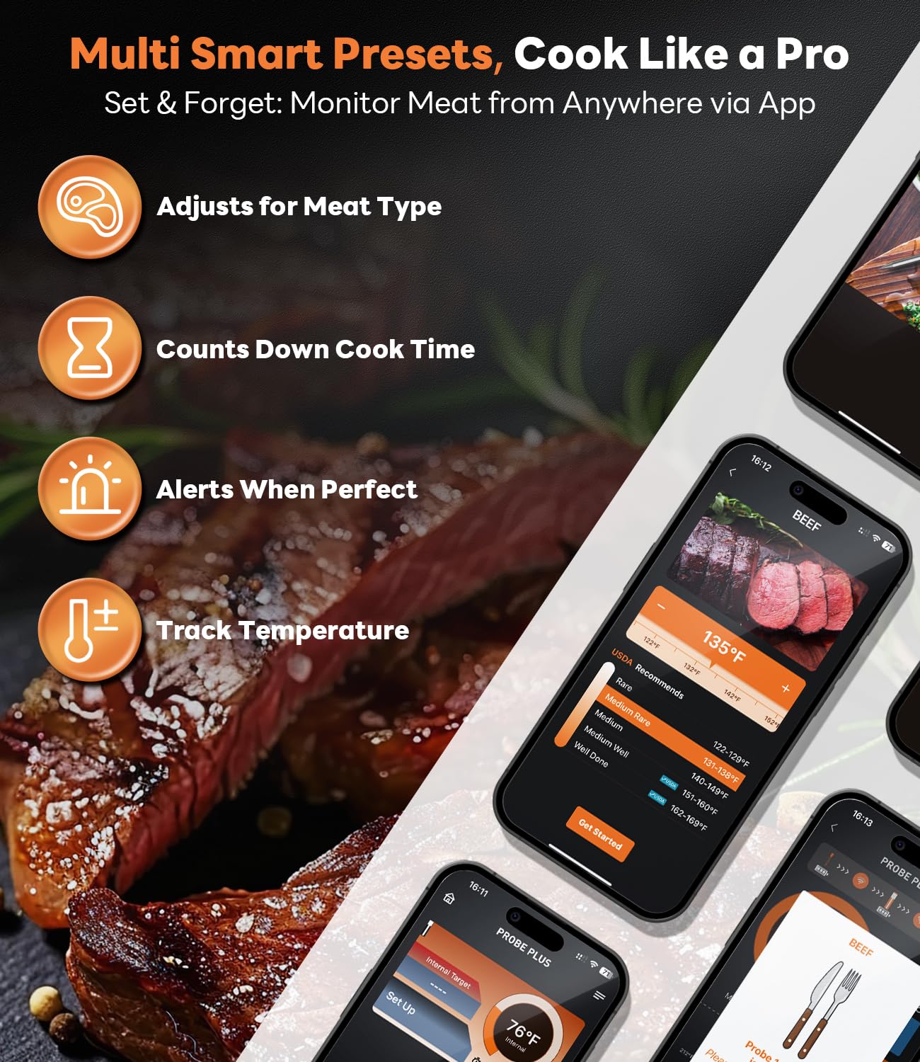 Beelicious Pro sonde insérée dans un rôti, contrôle précis de cuisson