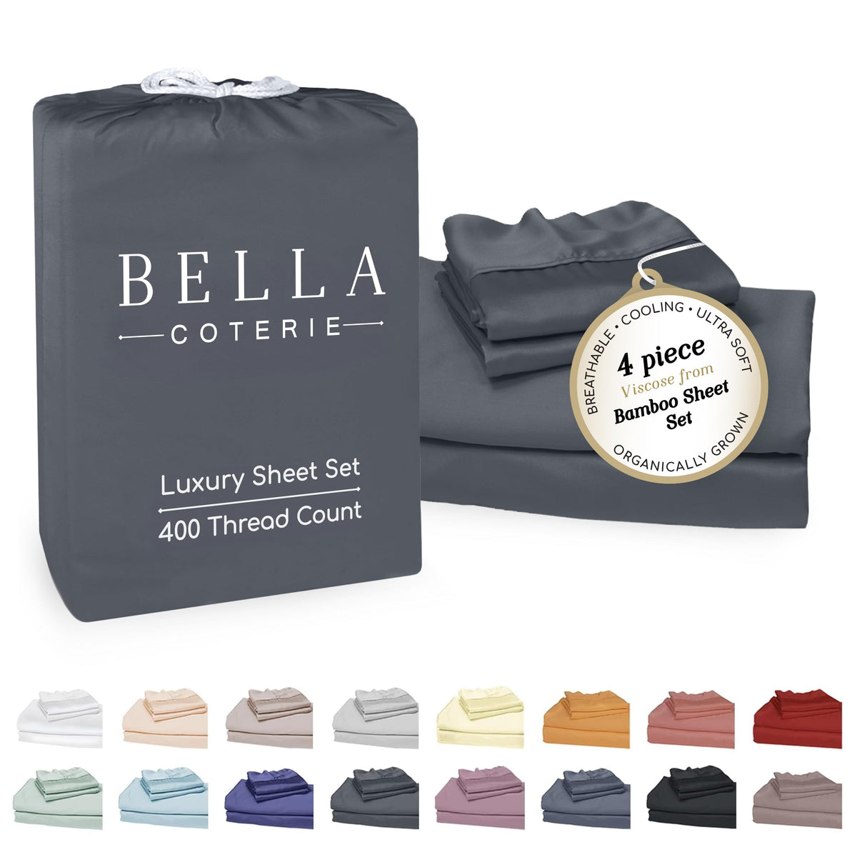 BC BELLA COTERIE vue avant de l'ensemble de draps Queen montrant luxe et ajustement