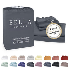 BC BELLA COTERIE vue avant de l'ensemble de draps Queen montrant luxe et ajustement