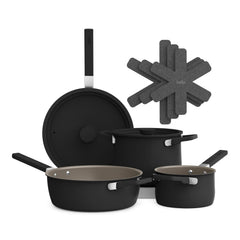 BELLA ensemble face montrant finition noire et design empilable pour gain d'espace