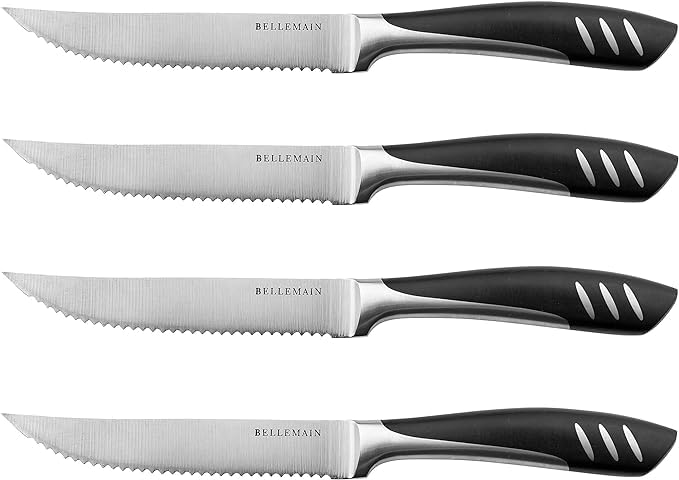 Bellemain ensemble de 4 couteaux à steak inox montrant coupe nette et durabilité