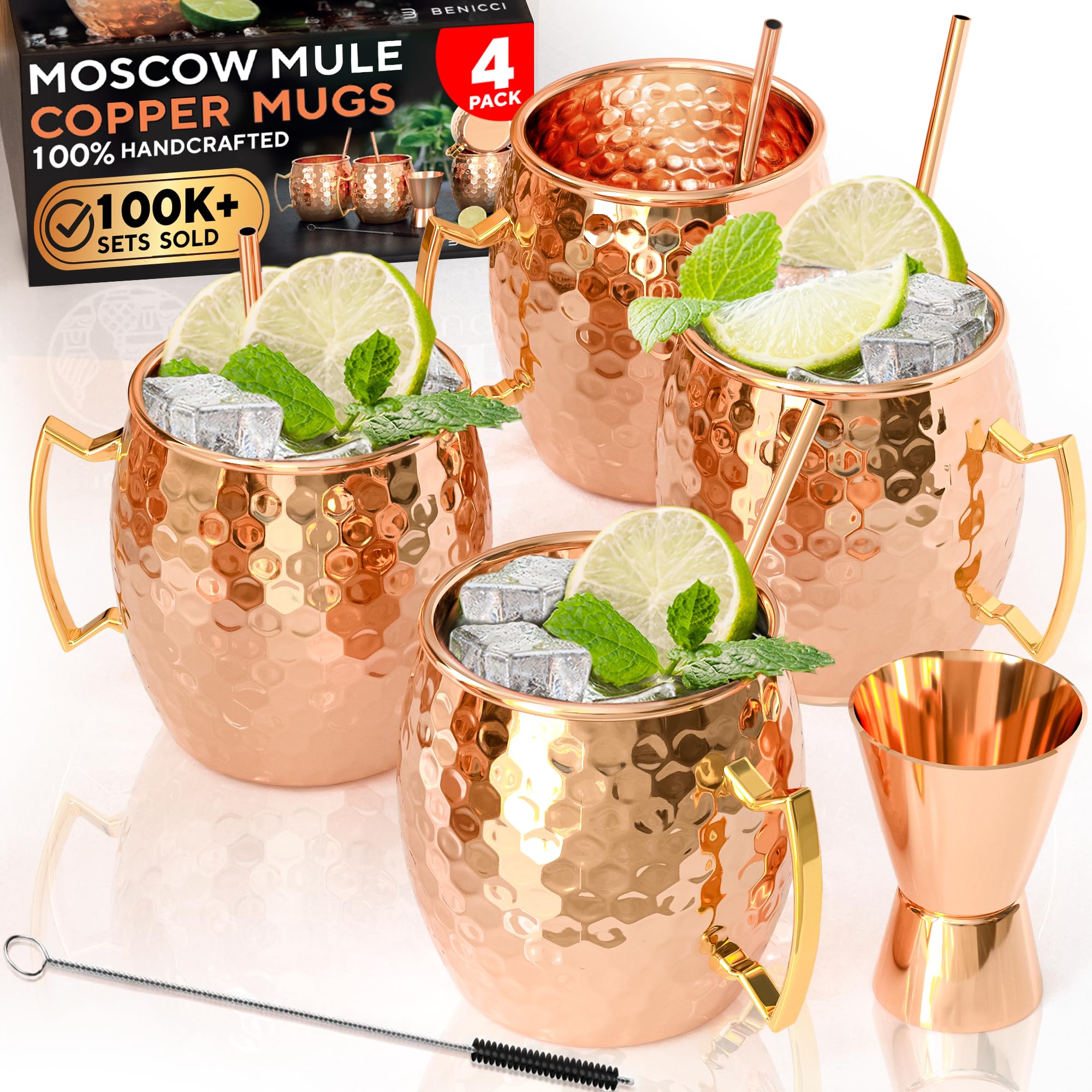 Benicci mugs en cuivre face élégante pour présentation et fraîcheur