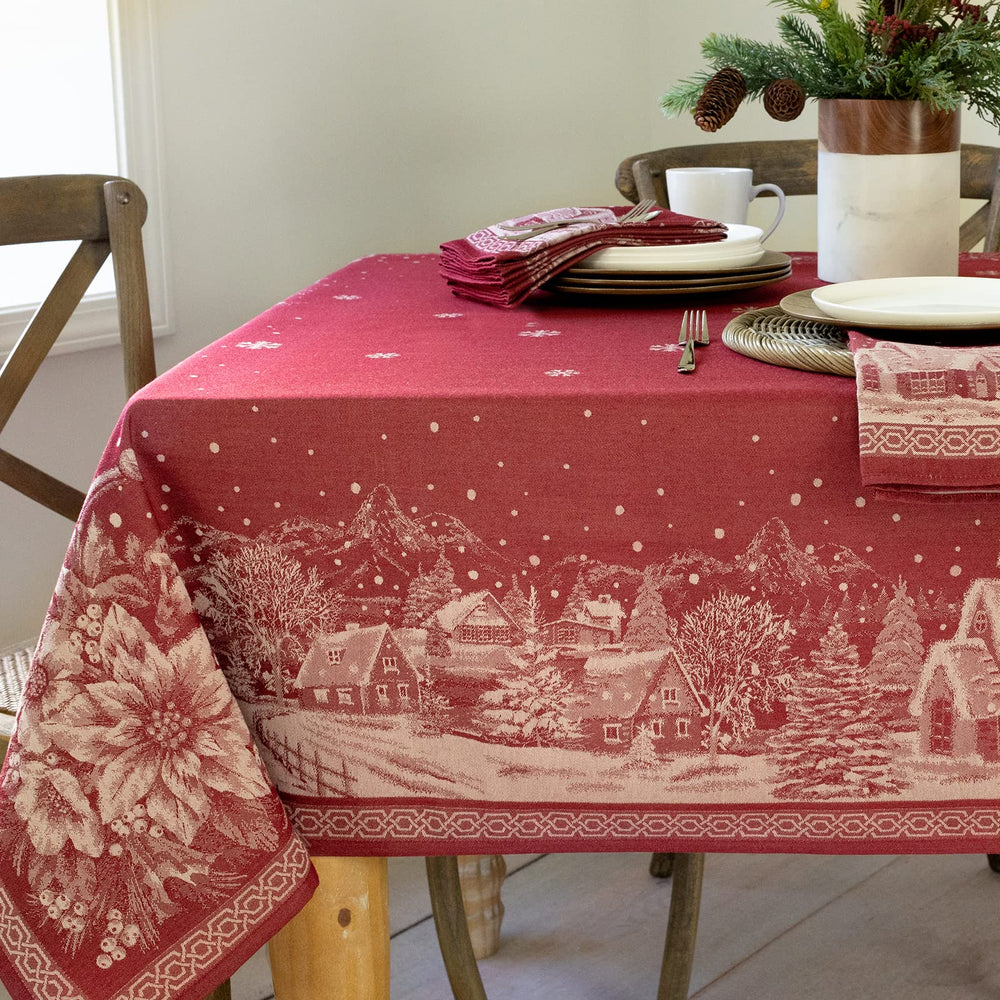 Benson Mills nappe frontale montrant le village de Noël tissé et une élégance festive
