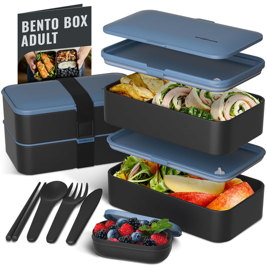 Bentoheaven face avant de la boîte ouverte montrant les deux niveaux et un repas organisé