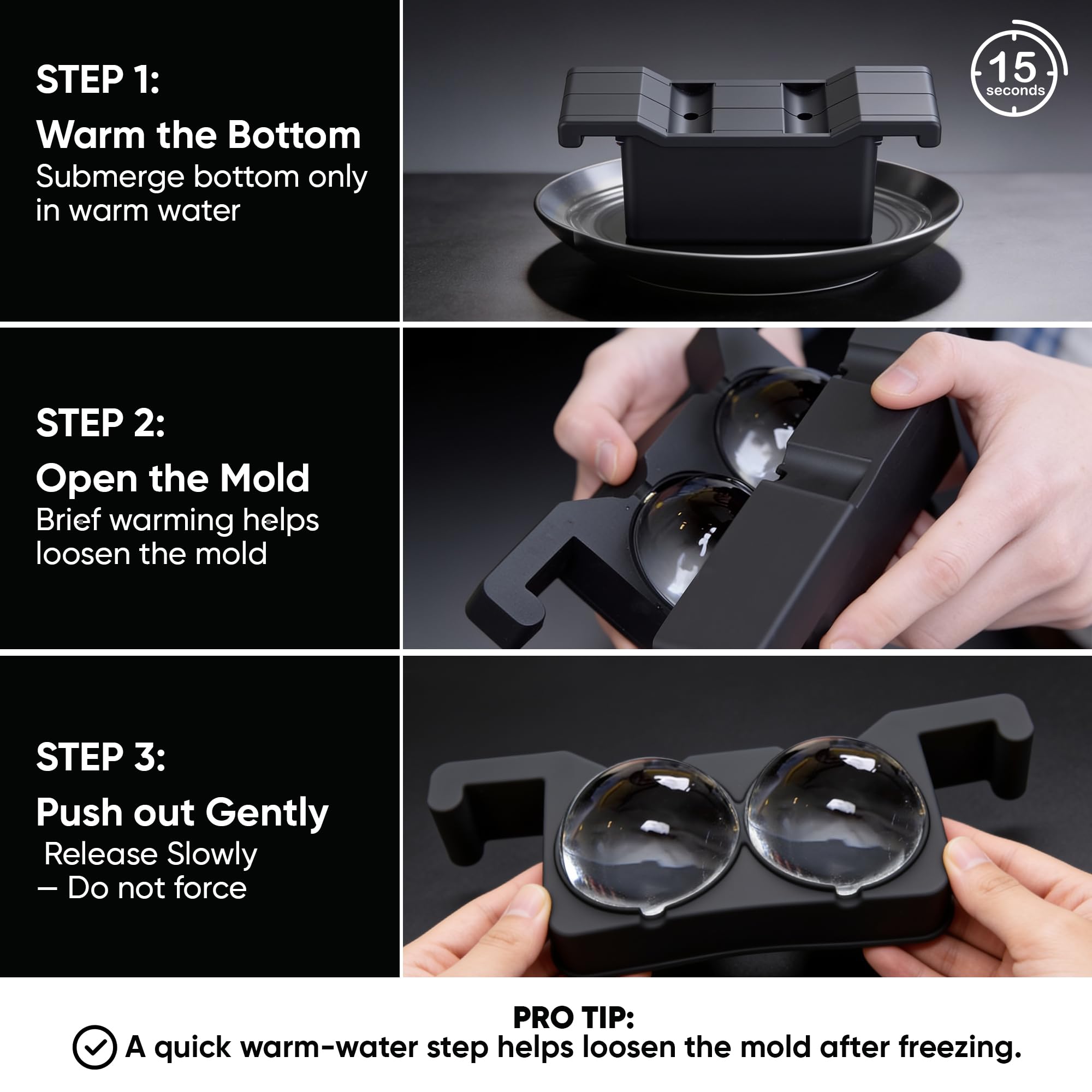 BERLINZO comparaison visuelle d'une sphère 2,4" et d'un glaçon standard