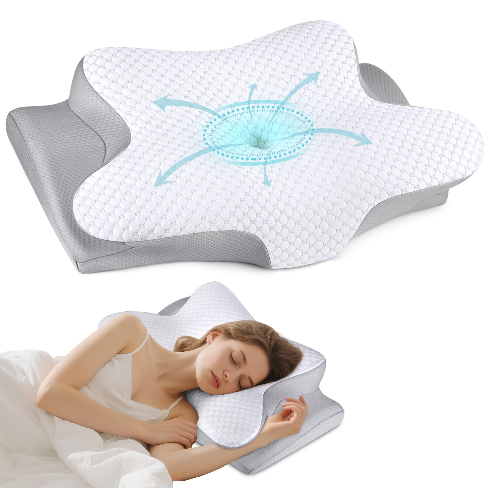 Bespillow vue avant du coussin montrant la forme ergonomique et soutien cervical