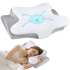 Bespillow vue avant du coussin montrant la forme ergonomique et soutien cervical