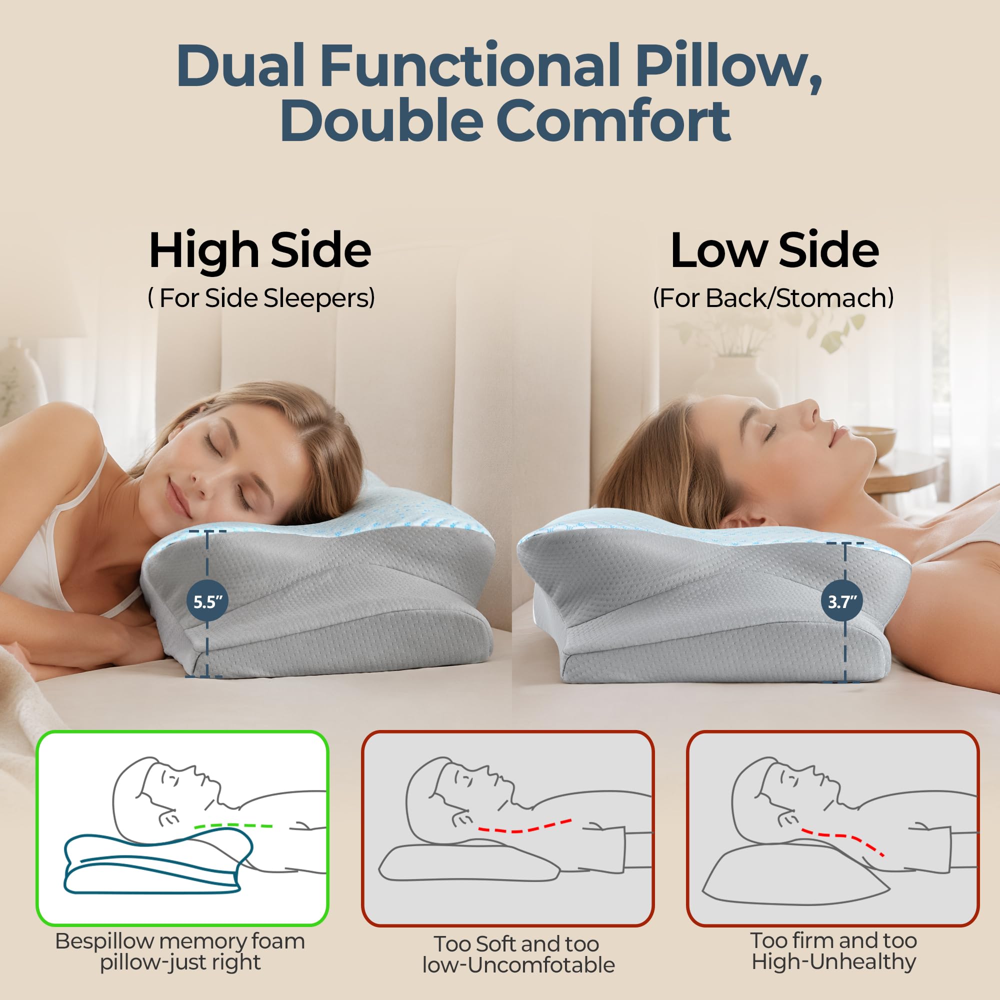 Bespillow oreiller utilisé par dormeur sur le dos maintien neutre du cou