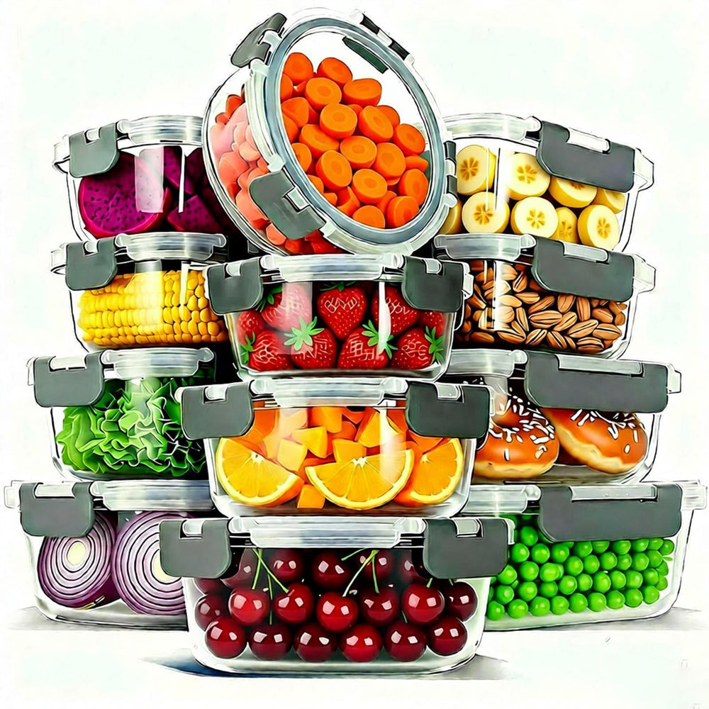 Bestfull face avant des boîtes en verre montrant le design empilable et gain d'espace