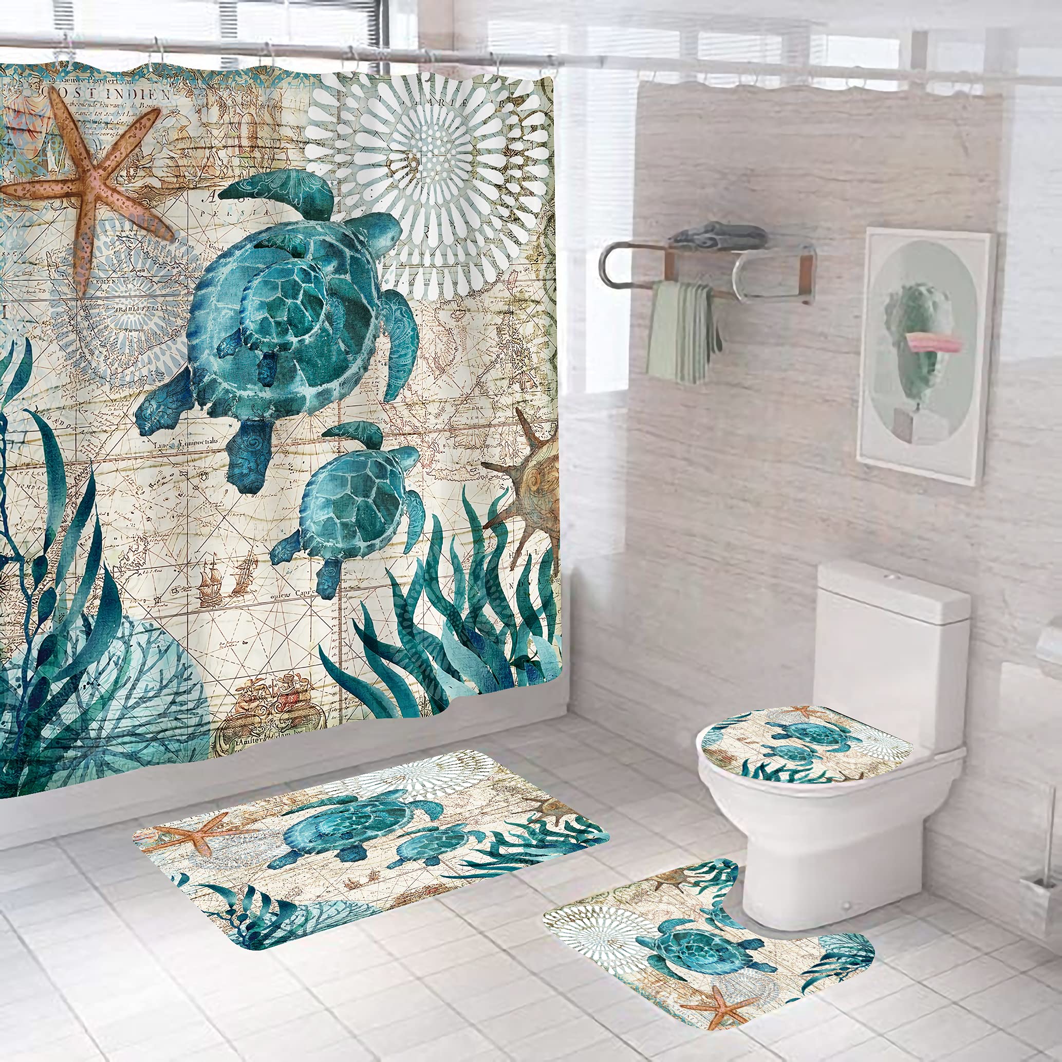 BGCTM rideau de douche avant montrant motif tortue et ambiance nautique