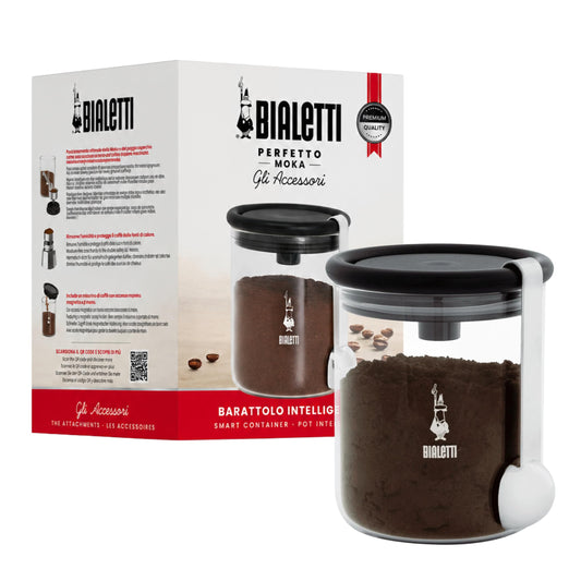 Bialetti vue avant du pot en verre montrant le logo moustache pour conservation aromatique