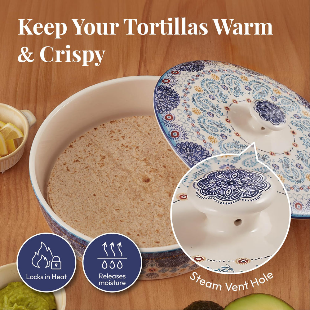 Bico chauffe-tortillas couvercle ventilé détail de la poignée, évacue la vapeur pour garder les tortillas sèches