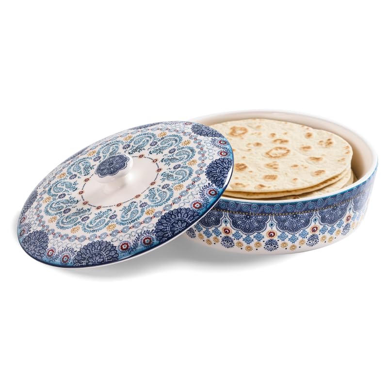 Bico chauffe-tortillas bleu Talavera vue de face avec motif décoratif, ajoute de la couleur à la table