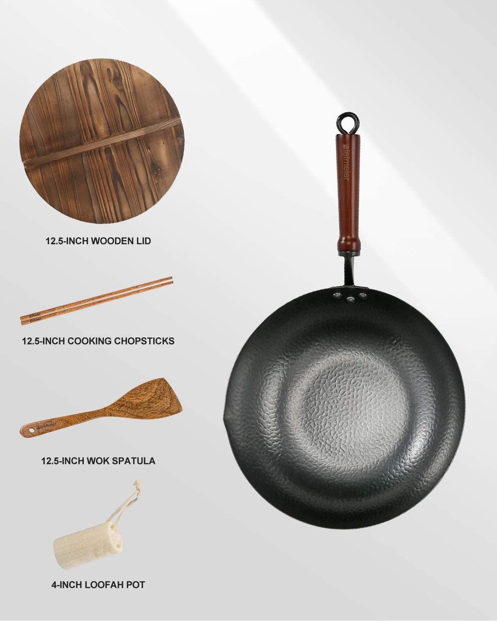 BIELMEIER wok en comparaison d'échelle montrant diamètre et capacité