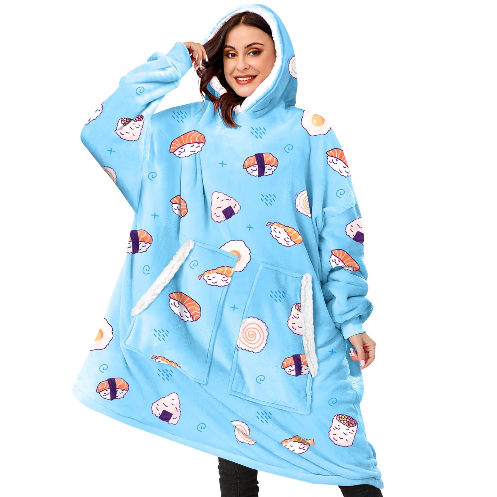 BINSUNS vue avant de la hoodie blanket montrant coupe oversize et motif Sushi, confort immédiat