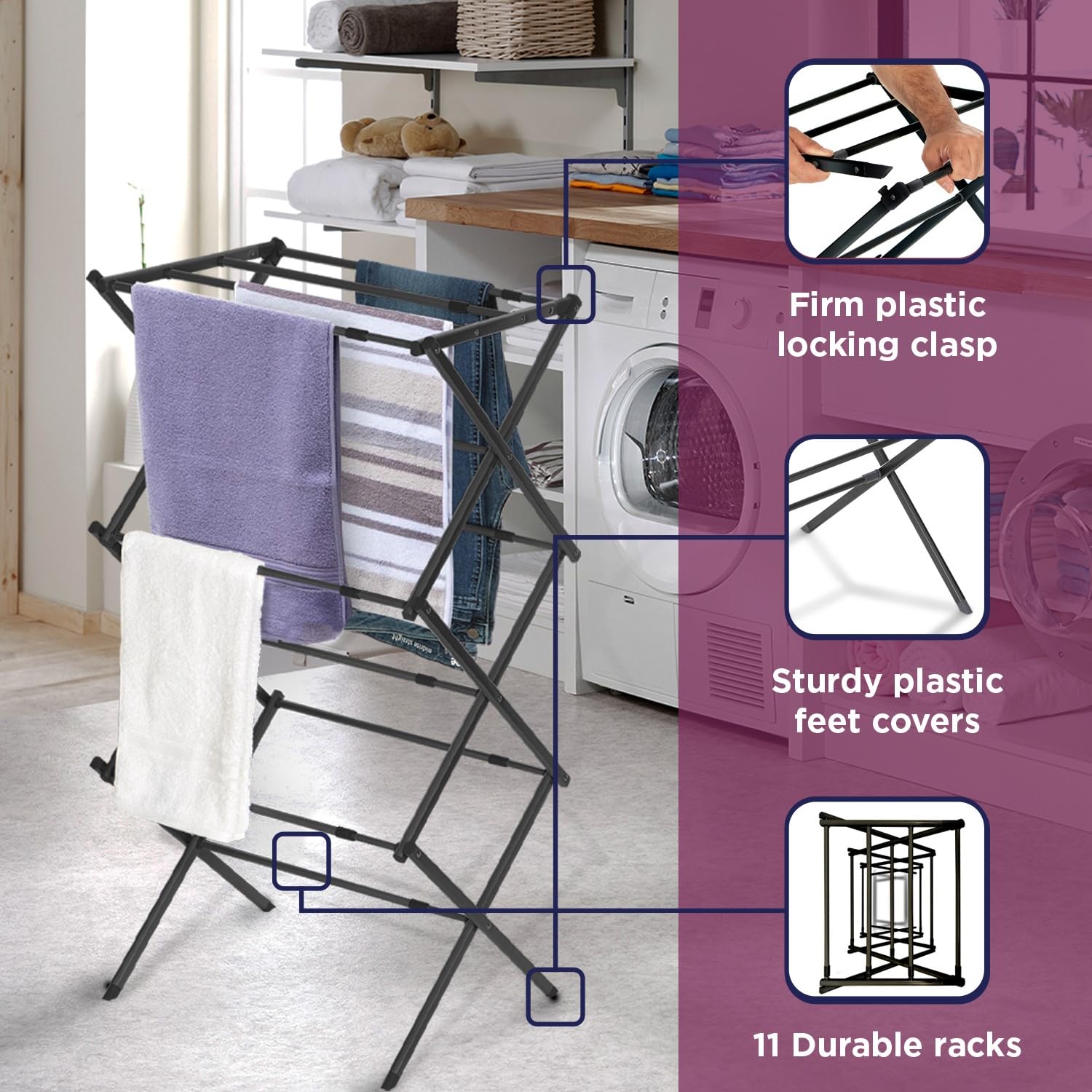BLACK+DECKER étendoir en usage avec chemises et serviettes, organisation optimale