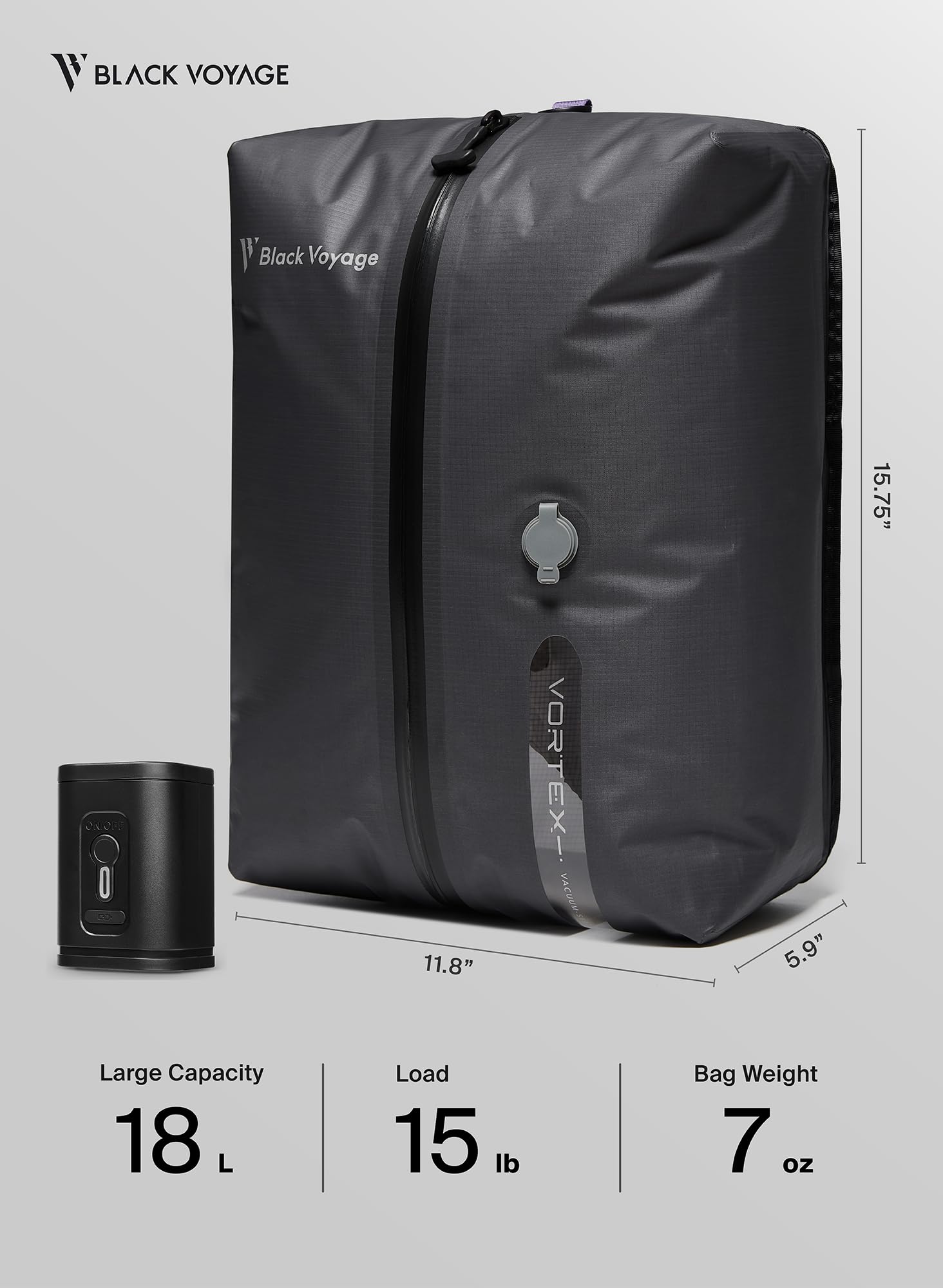 BlackVoyage comparaison taille avec main montrant capacité 18L