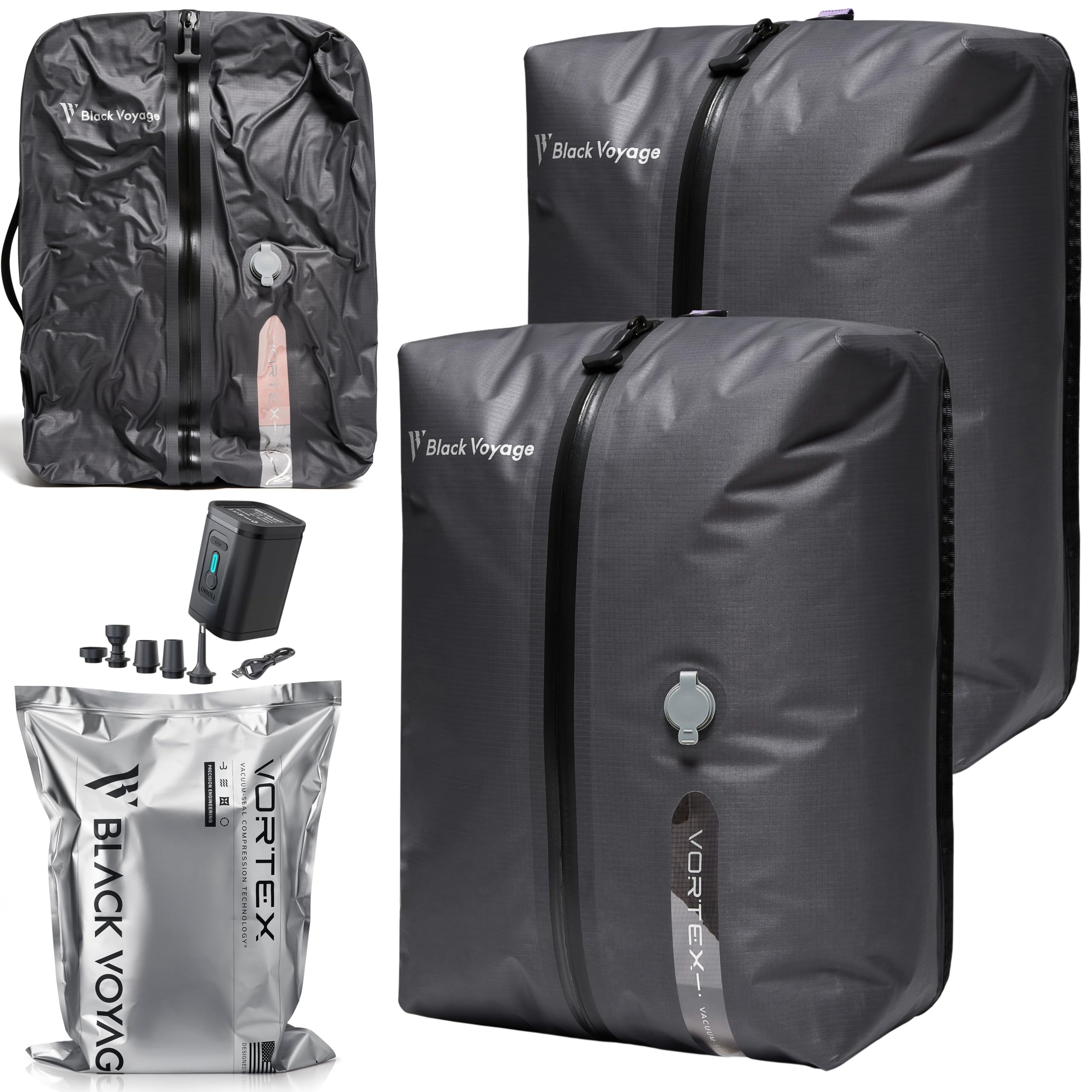 BlackVoyage vue avant du sac de compression montrant design cube et gain d'espace