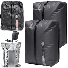 BlackVoyage vue avant du sac de compression montrant design cube et gain d'espace