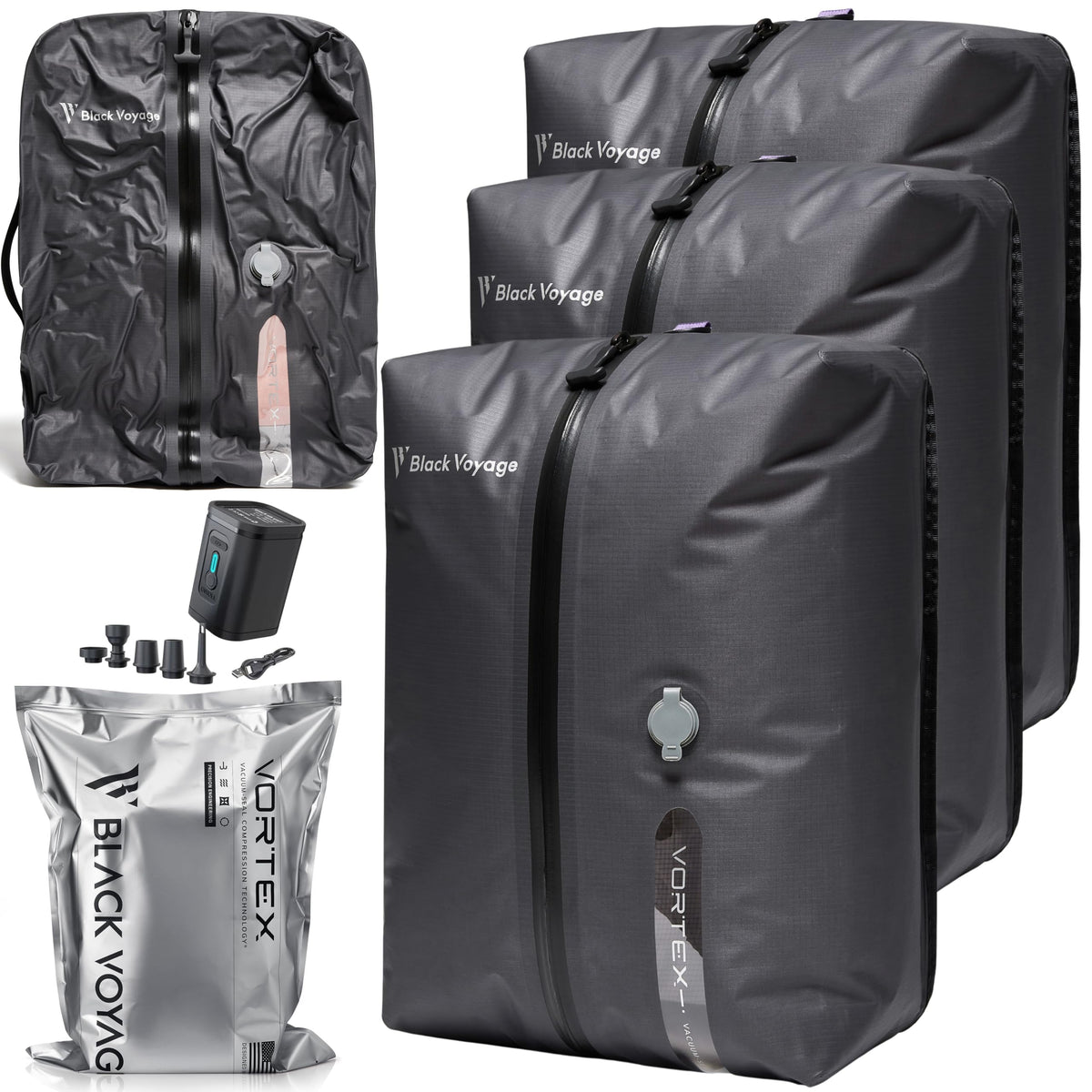 BlackVoyage face du lot de 3 sacs montrant gain de place